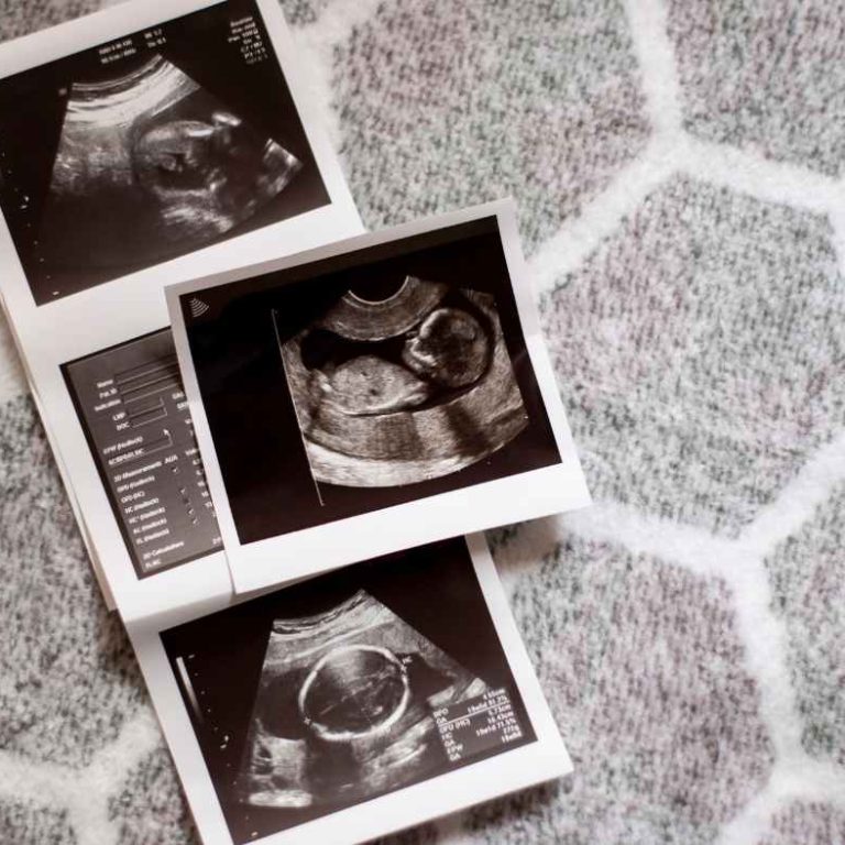 Pregnant woman in her second trimester smiling and gently holding her growing belly in a cozy home setting